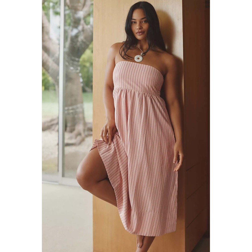 Anthropologie Sundays Kenny Midi Pink White‎ Striped Strapless Tie Back Dress XS